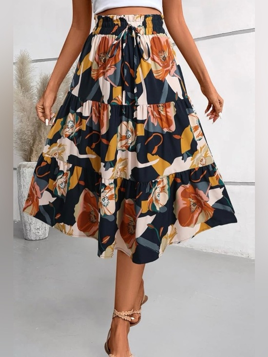 Dresses & Skirts - Floral Tiered Midi Skirt - Navy Multi size M
